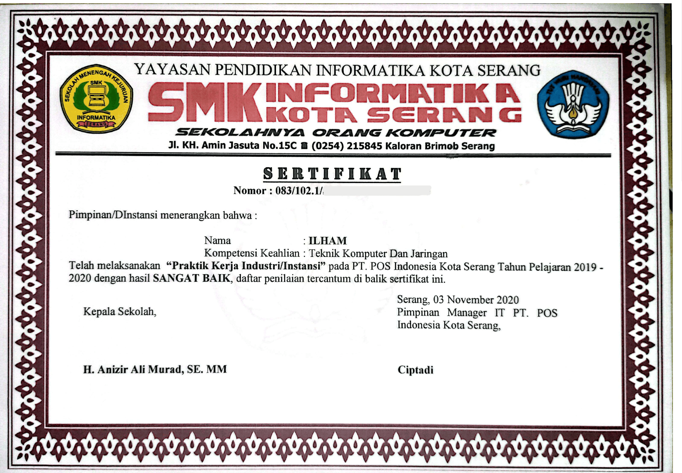 Sertifikat Praktik Kerja Lapangan (PKL) Teknik Komputer dan Jaringan - gambar 1