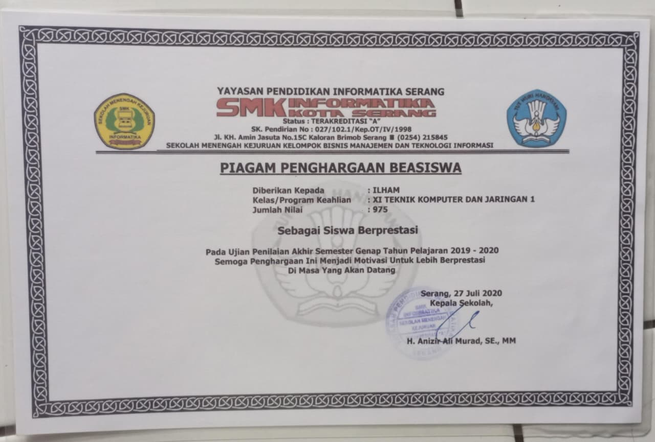 Piagam Penghargaan Beasiswa Siswa Berprestasi (Semester Genap 2019/2020) - gambar 1