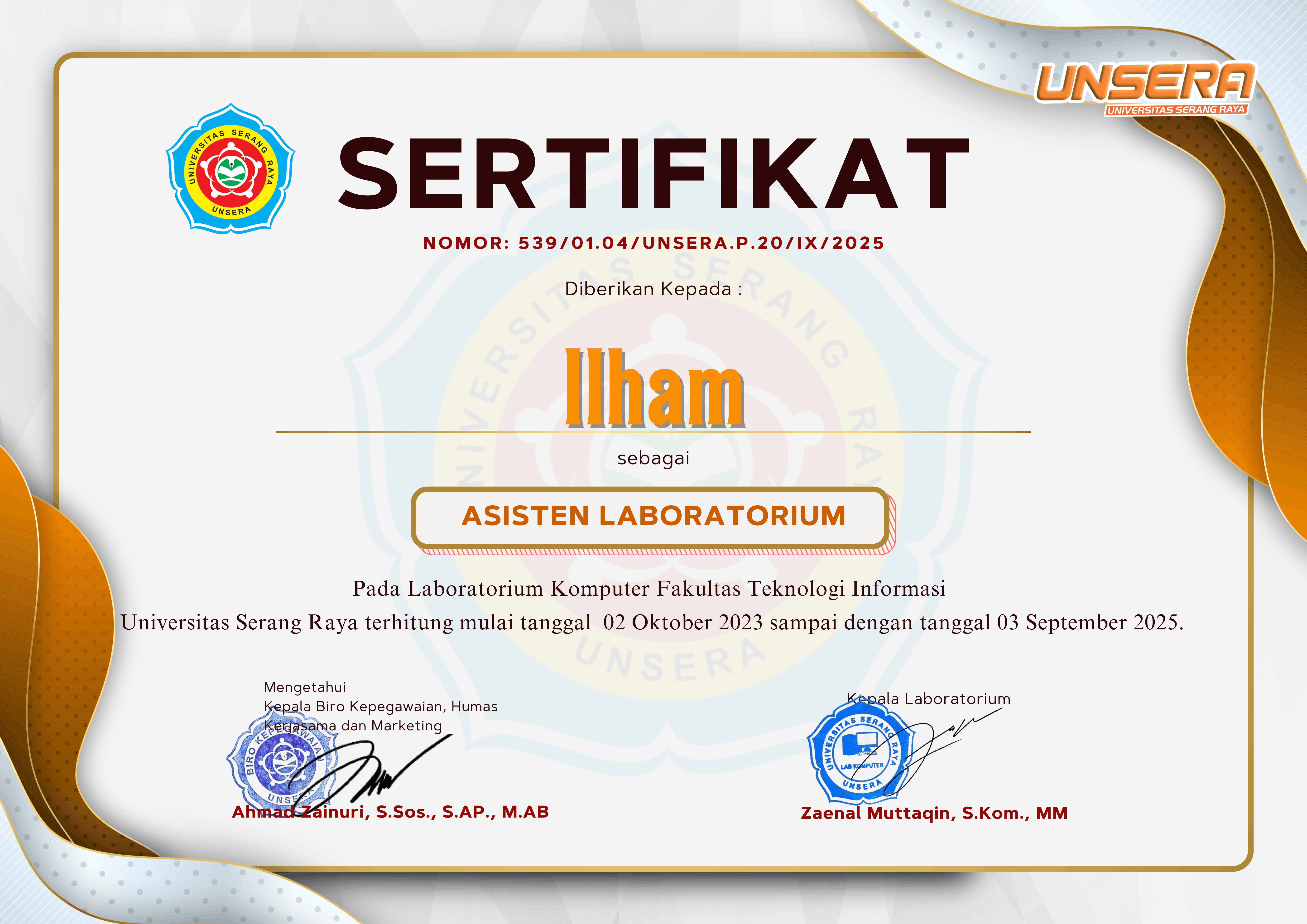 Sertifikat Sebagai Asisten Laboratorium - gambar 1