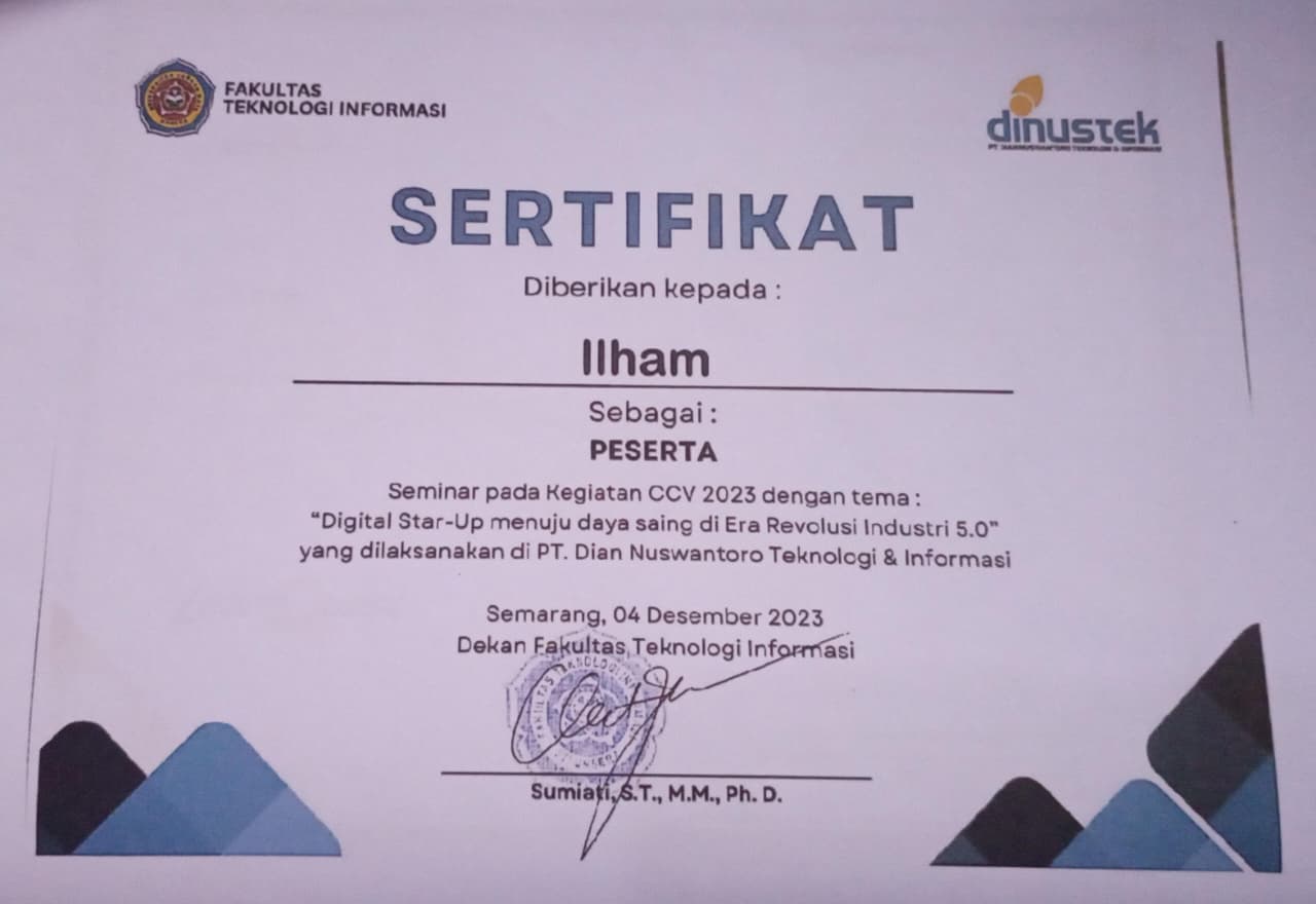 Sertifikat Peserta Seminar CCV 2023 – Digital Star-Up Menuju Daya Saing di Era Revolusi Industri 5.0 - gambar 1